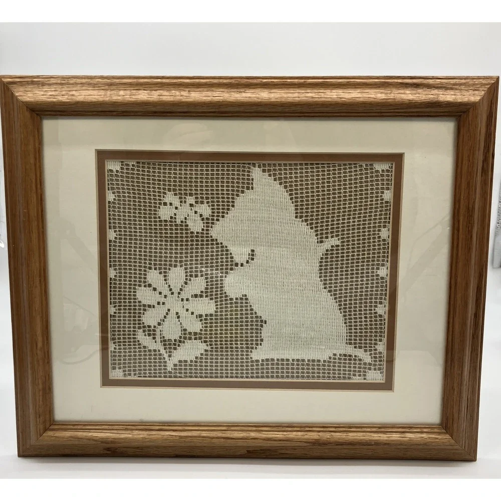 Vtg. Framed Doily Scottie Dog Scottish Terrier Butterfly Flower Wall Hanging